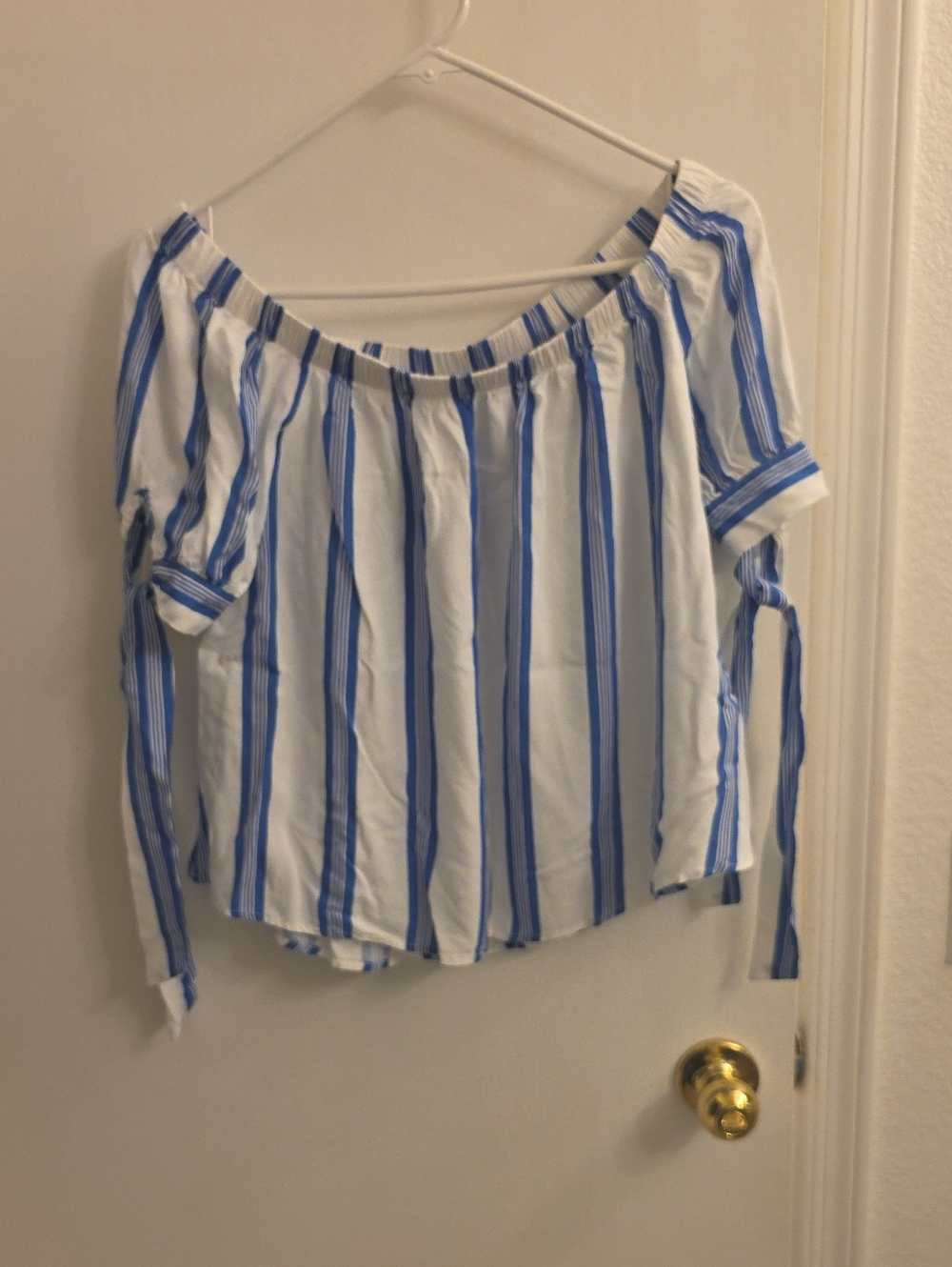 Cuoshw Blue Stripe Off-Shoulder Tie Sleeve Women’s Top
